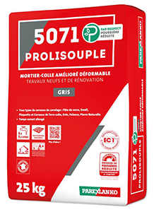 Mortier colle 5071 PROLISOUPLE Gris C2E - 25kg / Conso: 1,5 à 8kg/m² INT-EXT
